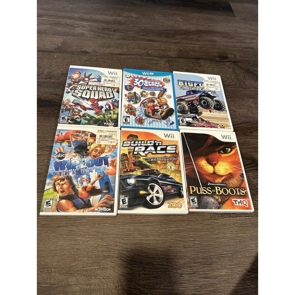 Nintendo Wii U Game Lot, Puss N Boots,  Wipeout, Marvel, BuildNRace, Collision